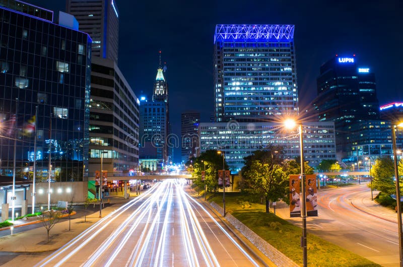 Long Exposure of the Inner Harbor at Night Time in Baltimore, Maryland