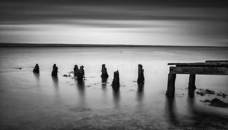 Long exposure landscape of old derelict jetty extending into lake black and white