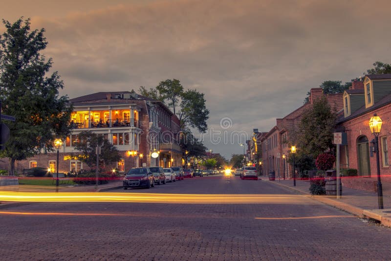 Long exposure light trail in main street of Saint Charles historic district, Missouri, USA