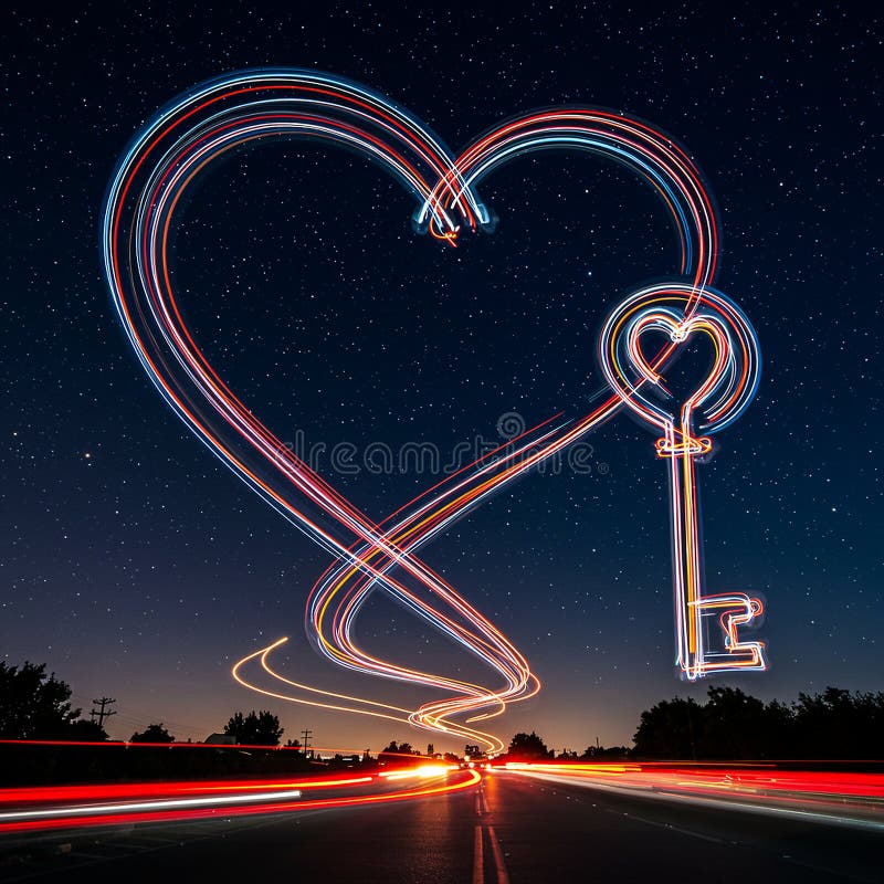 Long-exposure photograph capturing vibrant light trails forming a heart and key vector illustration