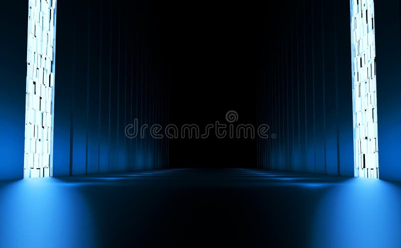Long fantastic room with a blue glow