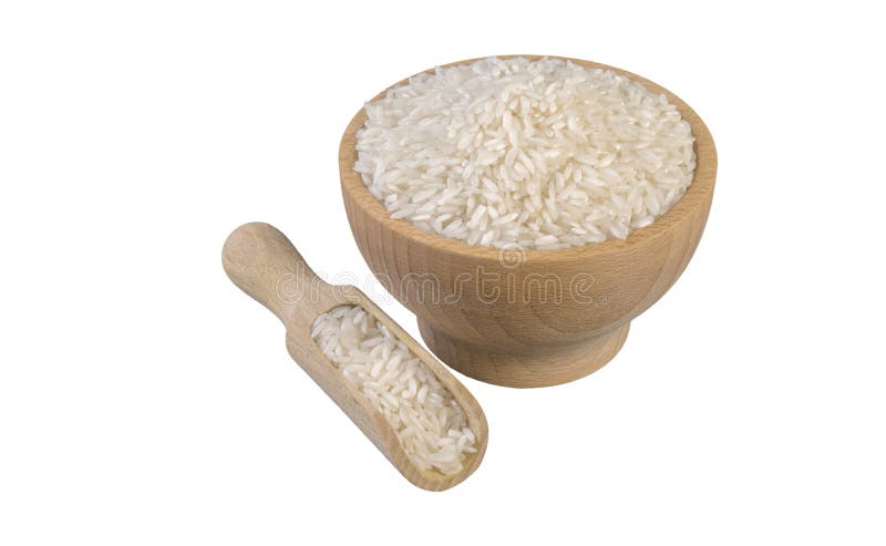 Long grain white rice   in wooden bowl and scoop isolated on white background. nutrition. bio. natural food ingredient.