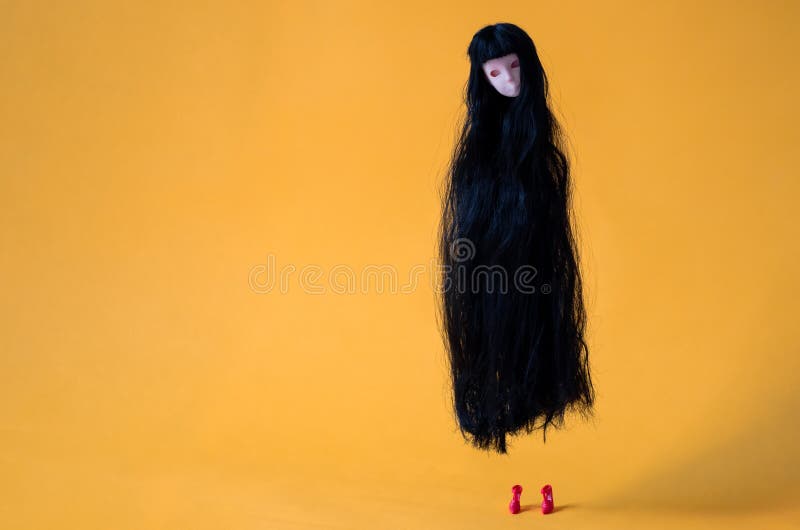 Long Hair Asian Female Ghost Doll Flying in the Air with Red High Heel on the Floor on Orange Background. Minimal Halloween Scary Stock Image - Image of frightening, death: 156817391 Long Hair Asian Female Ghost Doll Flying in the Air with Red High Heel on the Floor on Orange Background. Minimal Halloween Scary Stock Image - Image of frightening, death: 156817391