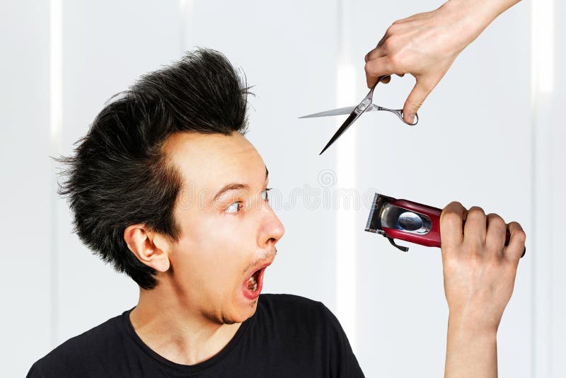 Long Hair Freak Crazy Man Hold Scissors Trimmer Guy Want Stock Photo by  ©gum92 370575678