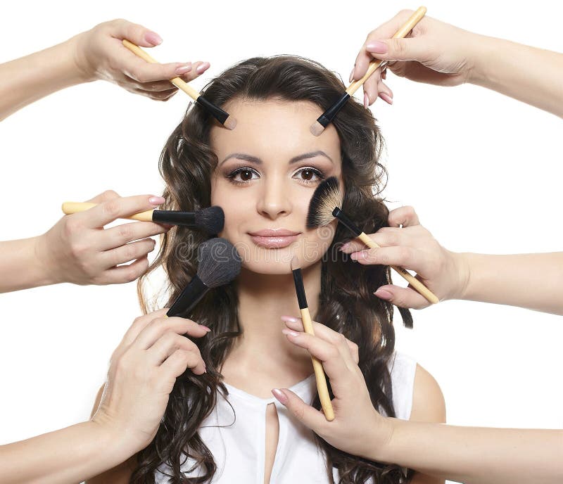 Long Hair Girl with Makeup Brushes Apply Make Up Stock Photo Image of