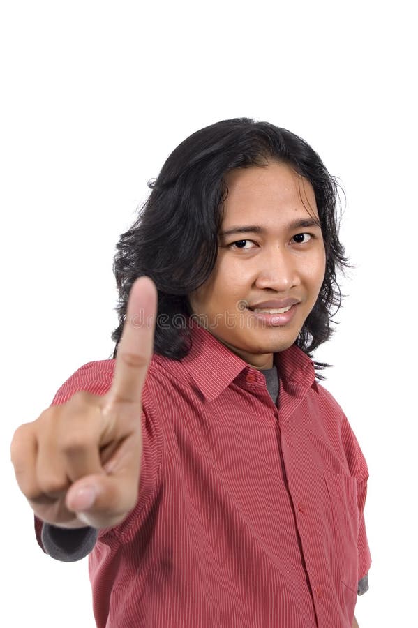 Long hair man give number one by hand gesture