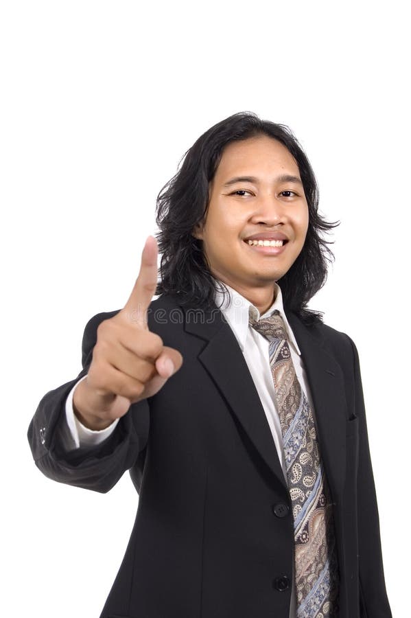 Long hair man give number one by hand gesture