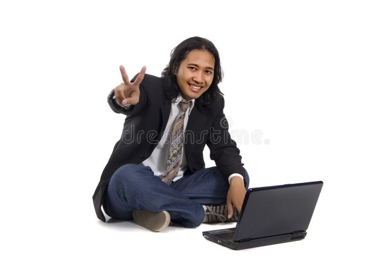 Long hair man working with laptop