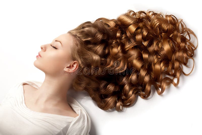 Long hair. Waves Curls updo hairstyle in salon. Fashion model, w stock photos Long hair. Waves Curls updo hairstyle in salon. Fashion model, w stock photos