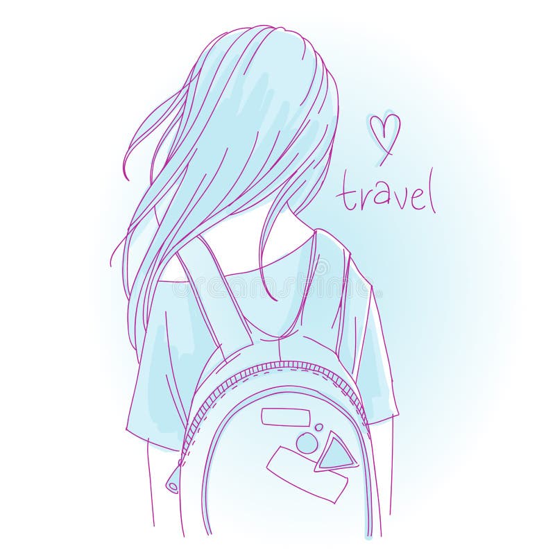 Long Haired Girl with Backpack, Back View Stock Vector - Illustration of  journey, traveller: 186107083
