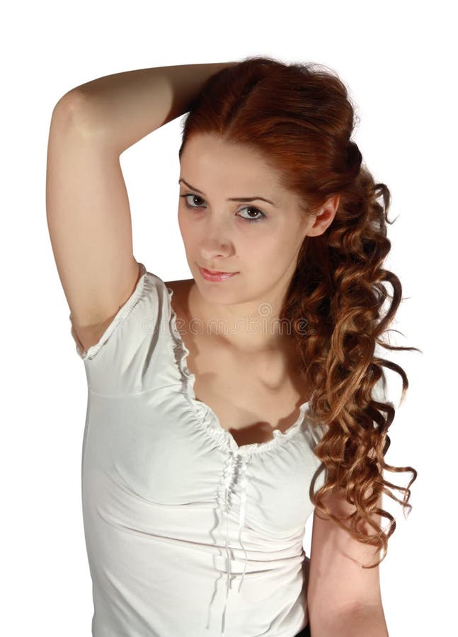 Long haired girl on white