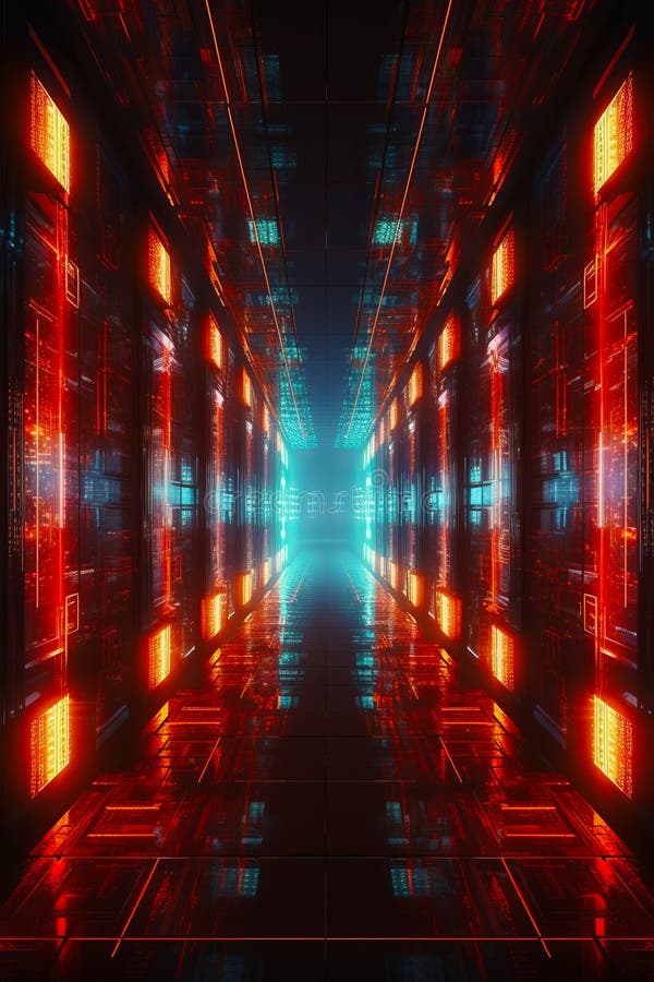 Long Hallway with Lots of Red and Blue Lights on the Sides of it. Generative AI Stock