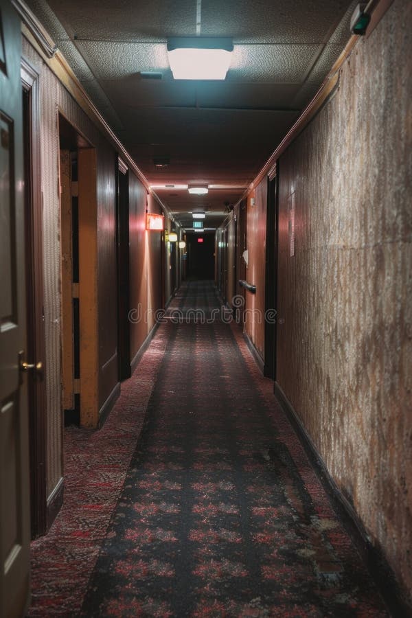 A long hallway with a red carpeted floor royalty free stock image