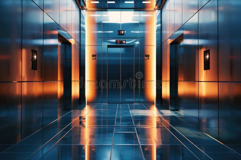 A long hallway with two elevators in a modern building royalty free stock photography