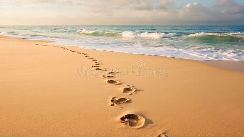 Long line of footprints on a sandy beach. Generative AI