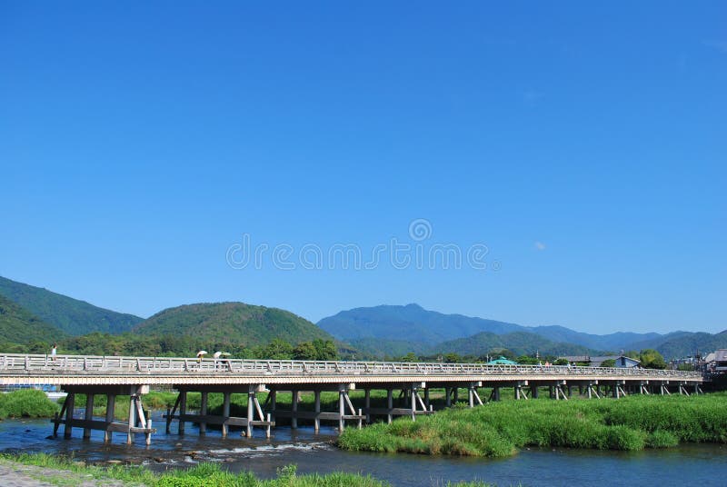 Long, majestic bridge with blue skies