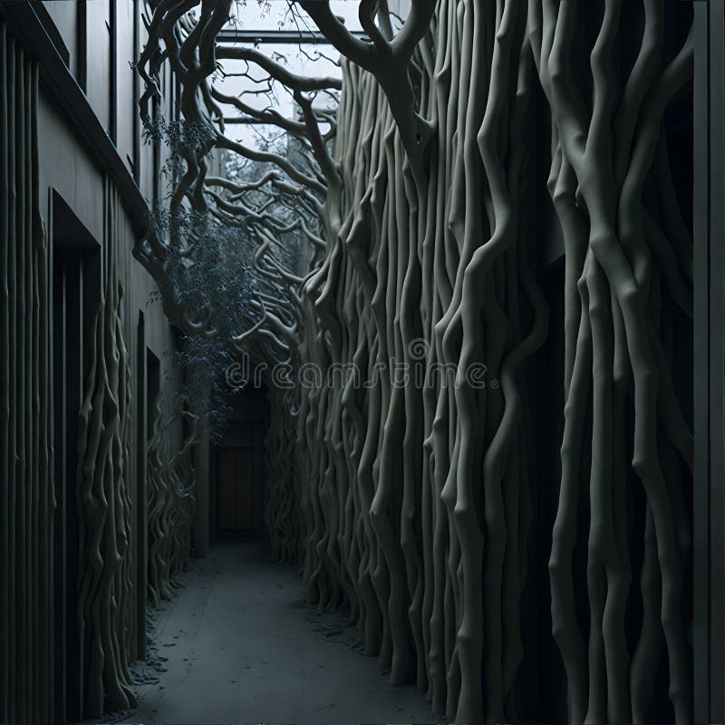 A Long Narrow Hallway with Trees Growing Out of it Created with