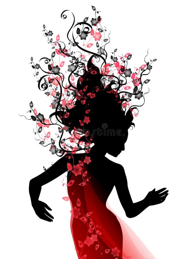 Un'illustrazione con la silhouette di una donna con lunghi capelli fluenti come una vite con fiori e un abito rosso e nero.