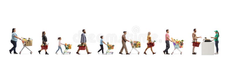 Long queue of people waiting at the cash register in a supermarket royalty free stock photography