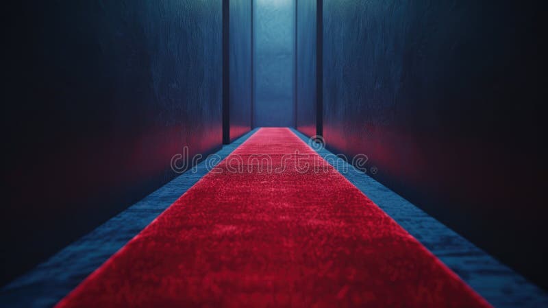 A long, red carpeted hallway leading to a light source stock photography
