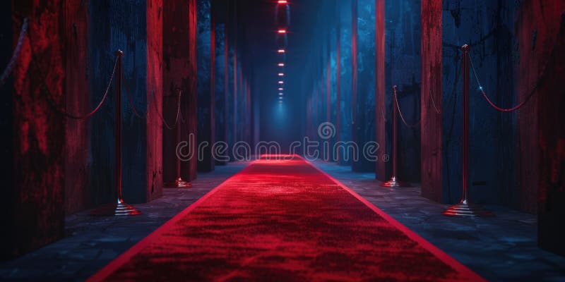 A long red carpeted hallway with a red light at the end stock images