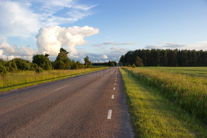 Long road across the country, island Saaremaa,Estonia. One of long roads in island Saaremaa, Estonia royalty free stock photography Long road across the country, island Saaremaa,Estonia. One of long roads in island Saaremaa, Estonia royalty free stock photography