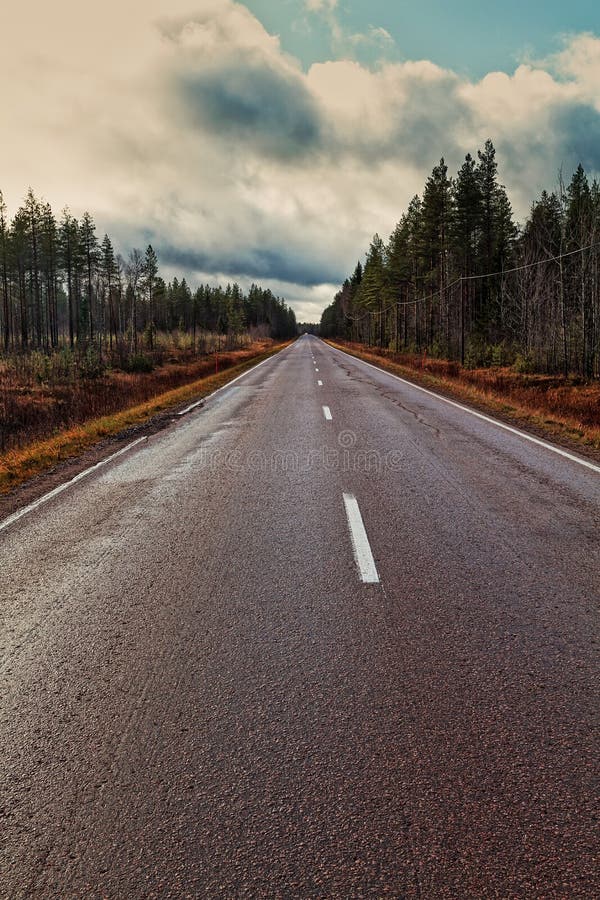Long Road To The Horizon. A lonely road leads to the horizon at the rural Finland. The vivid autumn colors make the surrounding nature look like fantasy land royalty free stock photo Long Road To The Horizon. A lonely road leads to the horizon at the rural Finland. The vivid autumn colors make the surrounding nature look like fantasy land royalty free stock photo
