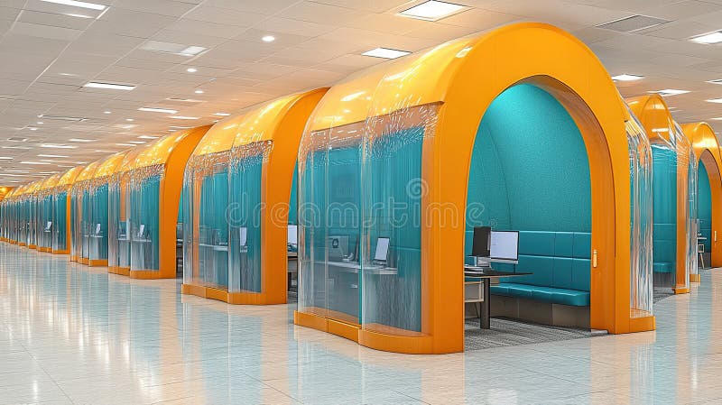 A long row of brightly colored, modern, enclosed workspaces stock illustration