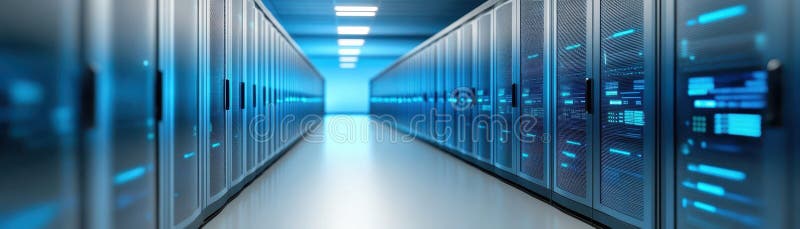 Long server room hallway with rows of network equipment and cables server stock illustration