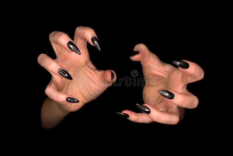 Long Sharp Black Shiny Nails, Female Hands with Witchy Claws, Isolated on  Black Background, Close Up, Low Key Stock Photo - Image of halloween, long:  134429458