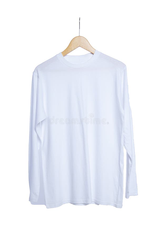 White long sleeve t-shirt on wood hanger isolated on white background