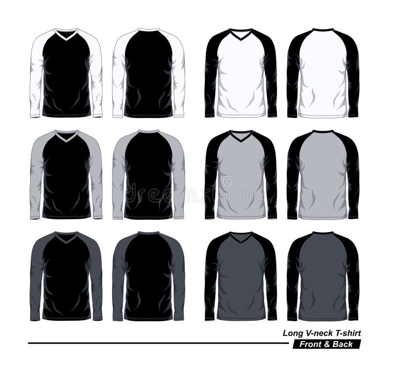 Long Sleeve V Neck Raglan T-Shirt Template. Front and Back View.