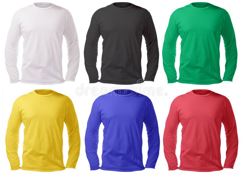 Blank long sleeved shirt mock up template, front and back view, isolated on white, plain t-shirt mockup in many color. Tee sweater sweatshirt design presentation for print. Blank long sleeved shirt mock up template, front and back view, isolated on white, plain t-shirt mockup in many color. Tee sweater sweatshirt design presentation for print