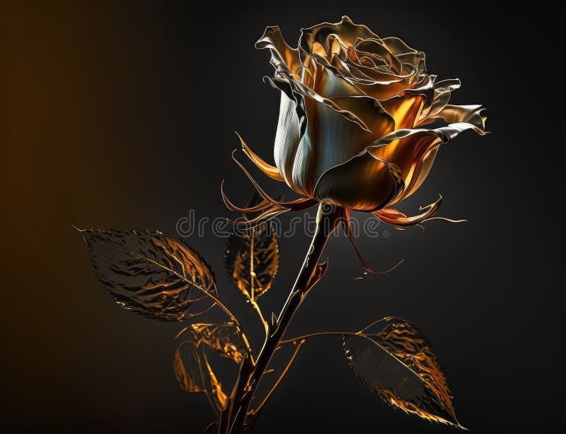 A Long-stemmed Rose with Golden Petals Against a Dark Background ...