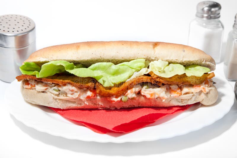 Long vegan sandwich with russian salad