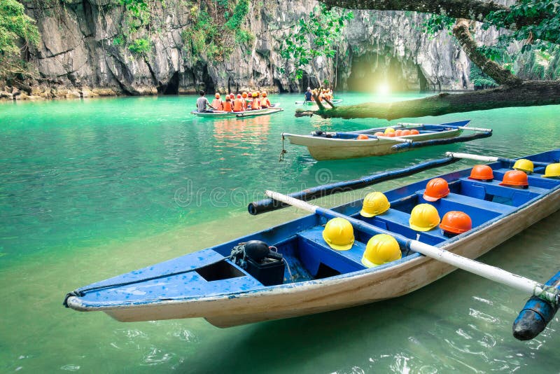 Longtail boats at cave entrance of Puerto Princesa Philippines