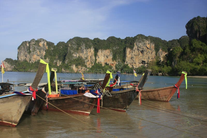 Longtail boats at Railay beach, Krabi, Thailand royalty free stock photography Longtail boats at Railay beach, Krabi, Thailand royalty free stock photography