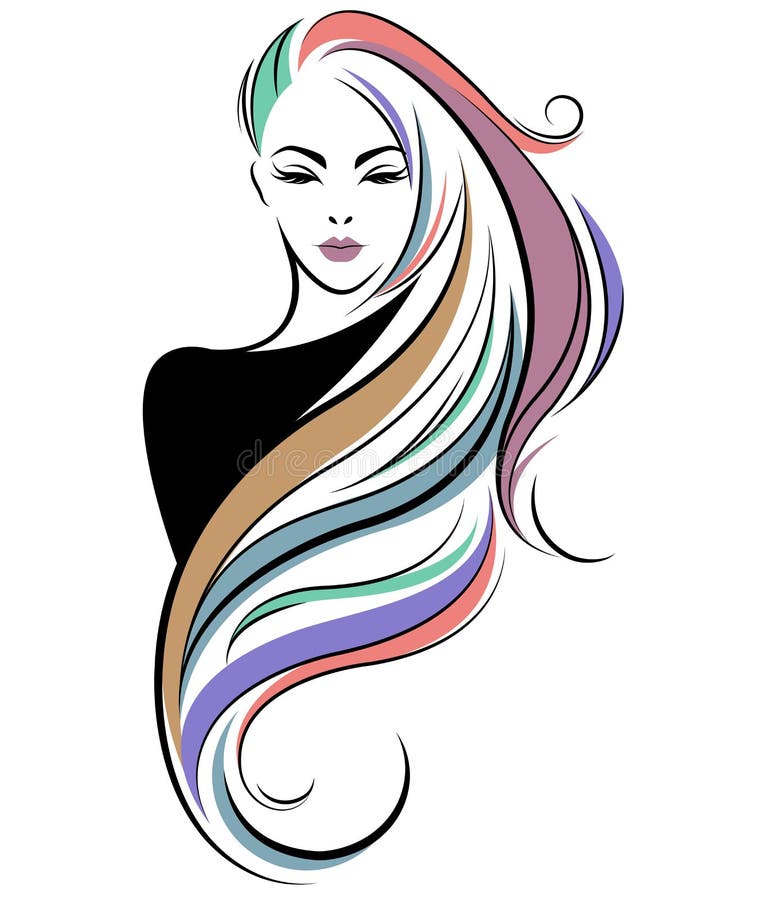 Longue icône de coiffure de femmes, visage de femmes de logo sur le fond blanc