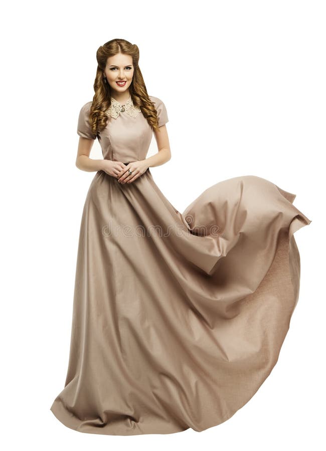 Longue robe de femme, mannequin dans la robe de ondulation de vol historique images libres de droits Longue robe de femme, mannequin dans la robe de ondulation de vol historique images libres de droits
