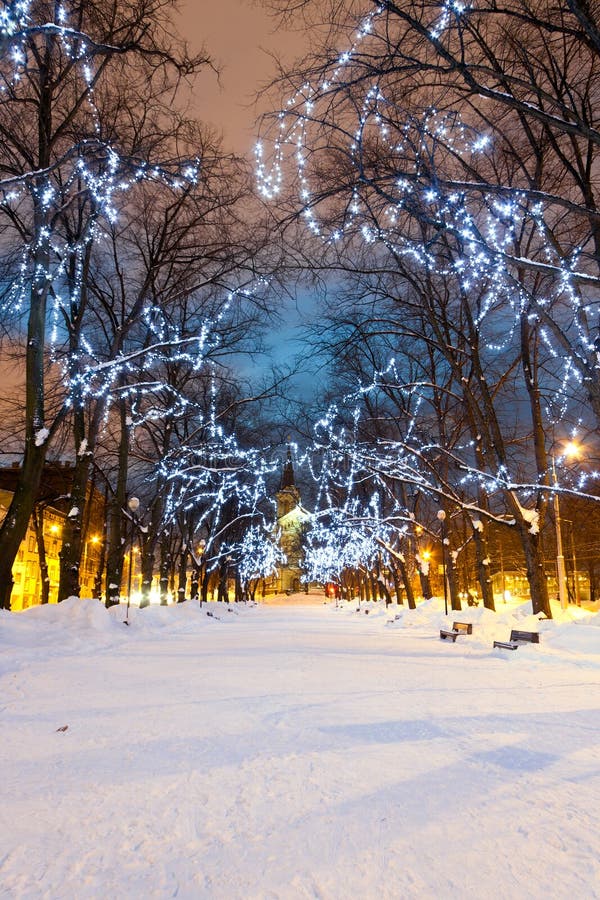 Long snowy alley between two enlightened streets where trees are decorated with Christmas lights on a slightly cloudy evening. The alley leads to an old church which is visible at the end of the alley. Long snowy alley between two enlightened streets where trees are decorated with Christmas lights on a slightly cloudy evening. The alley leads to an old church which is visible at the end of the alley.