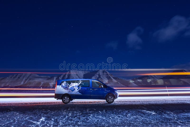 Longyearbyen, Svalbard / Norway - march 3 2018 arctic sky star in Norway in Longyearbyen city car mountains Mercedes van royalty free stock photography Longyearbyen, Svalbard / Norway - march 3 2018 arctic sky star in Norway in Longyearbyen city car mountains Mercedes van royalty free stock photography