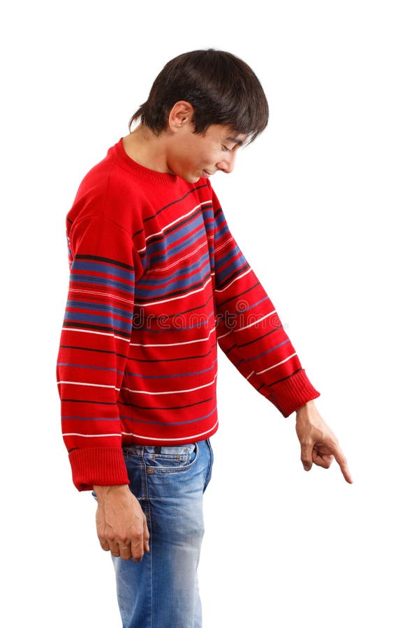 Man in red pullover showing down isolated on white background. Finger point down stock images, royalty-free photos and pictures