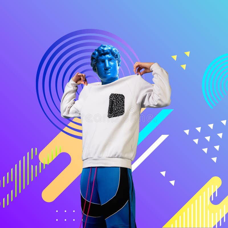 Stylish man headed by bright statue on background. Modern design. Contemporary colorful and conceptual bright art