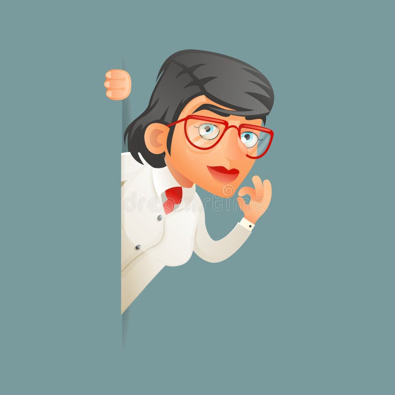 Look out corner female professor expert scientist genius character icons set retro cartoon design vector illustration