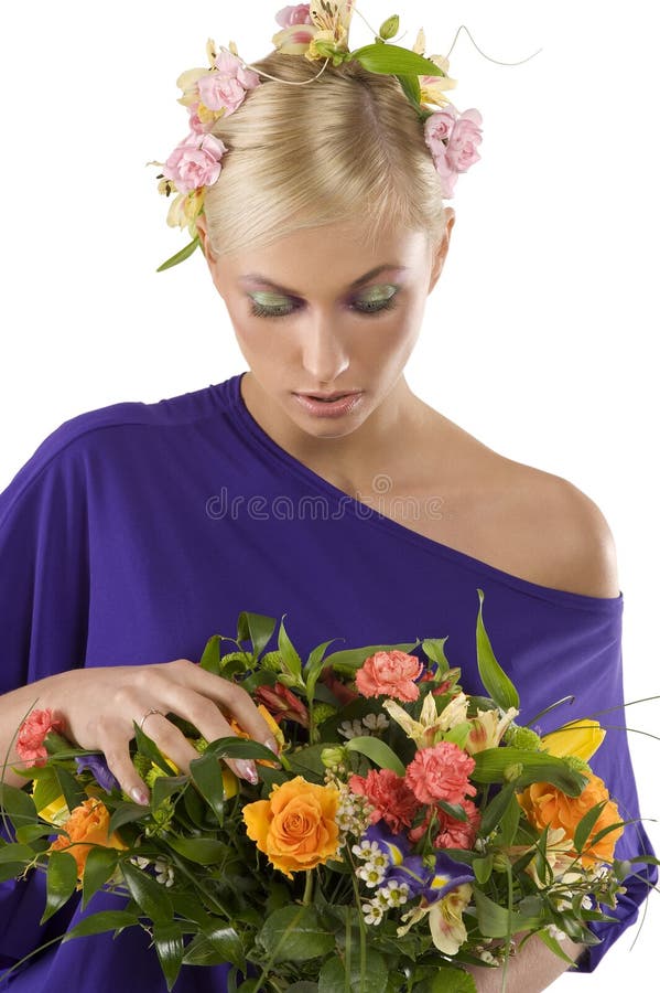 Looking flowers stock image. Image of blond, adult, girl 13301061
