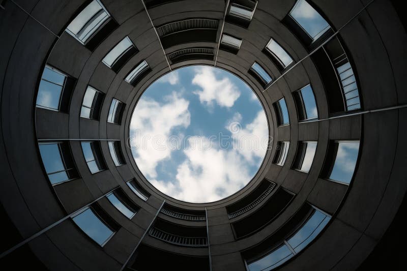 Circular view of clouds from the center of a modern building in a city vector illustration