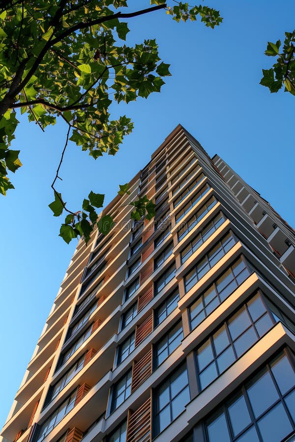 Looking up at a modern high-rise residential building facade in triangular design royalty free stock photo