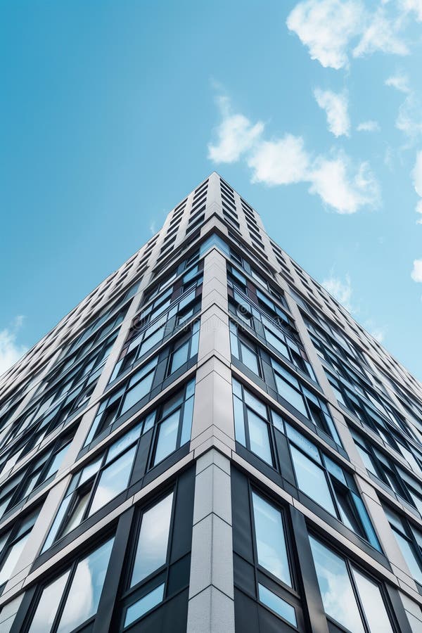 Looking up at a modern high-rise residential building facade in triangular design royalty free stock photo