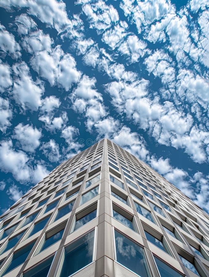 Looking up at a modern high-rise residential building facade in triangular design stock photos