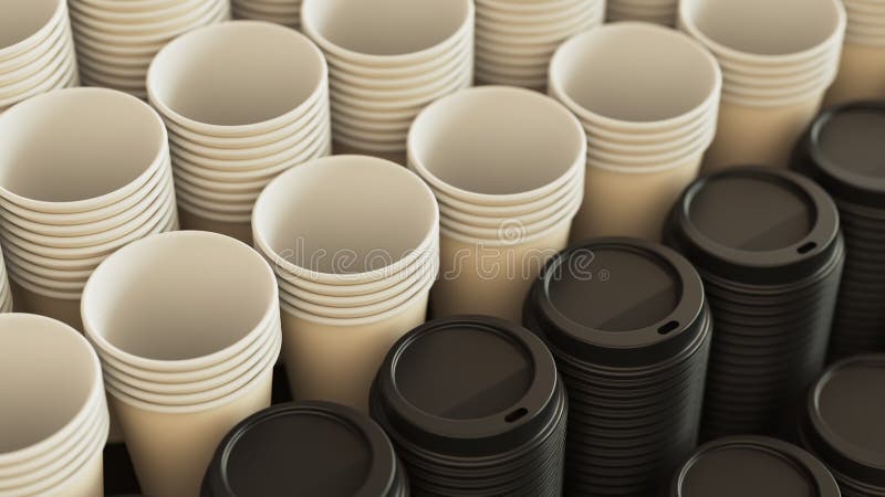Loopable pan over a stack of disposable coffee or tea plastic cups and lids. Fly over set of many cups for a cafe. 3d render animation. Hot cafe video